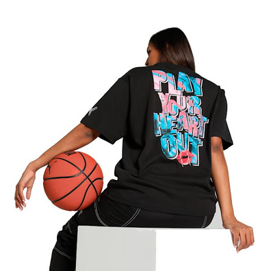 Puma Womans Basketaball Cherry on Top Graphic Oversized Fit Tee "Black"